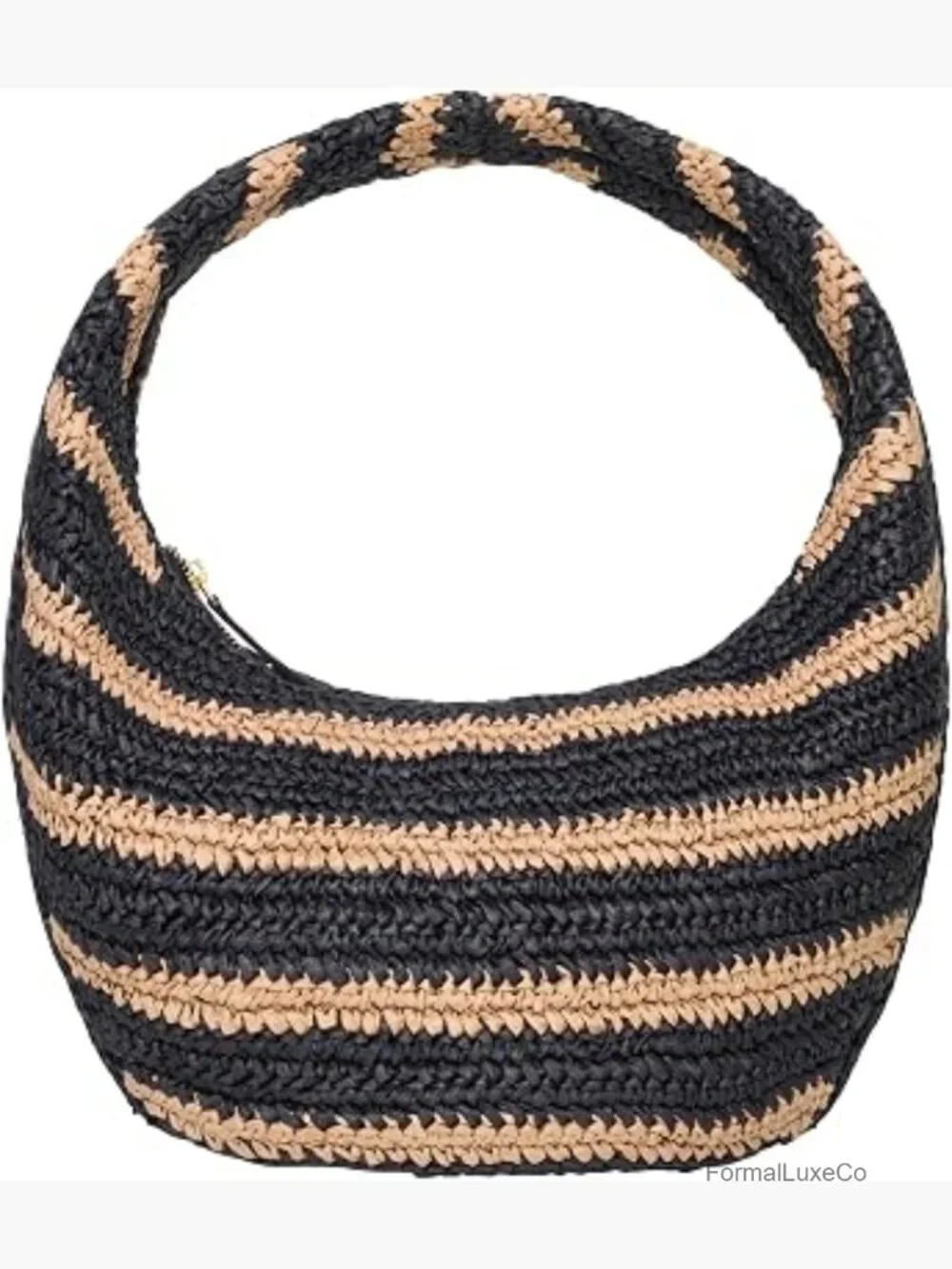 Oval Hobo Circle Handbag Striped Raffia Zipper Closure Fully Lined